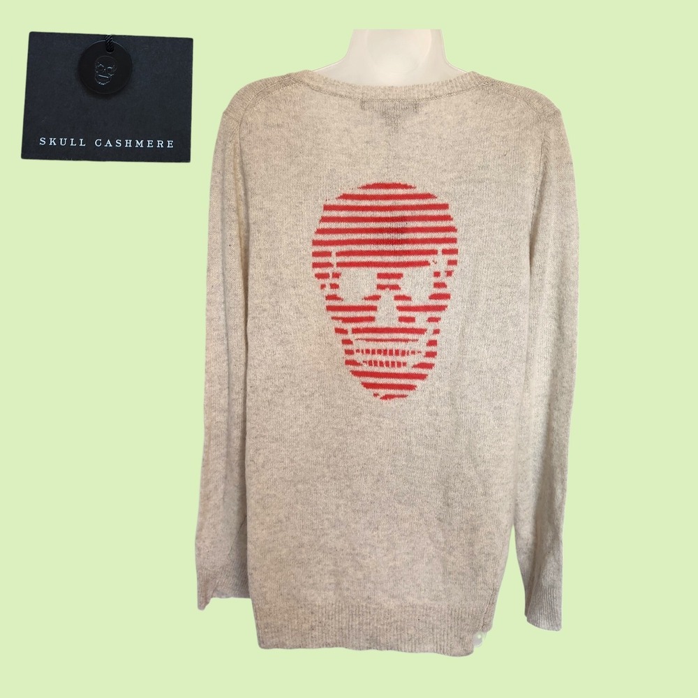 Skull Cashmere Luther Oatmeal Salmon Pink Striped Skull V-Neck Sweater Large L